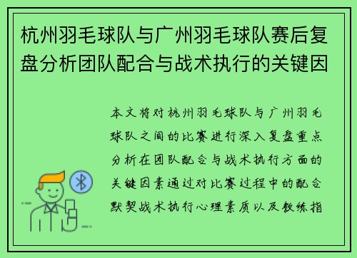 杭州羽毛球队与广州羽毛球队赛后复盘分析团队配合与战术执行的关键因素
